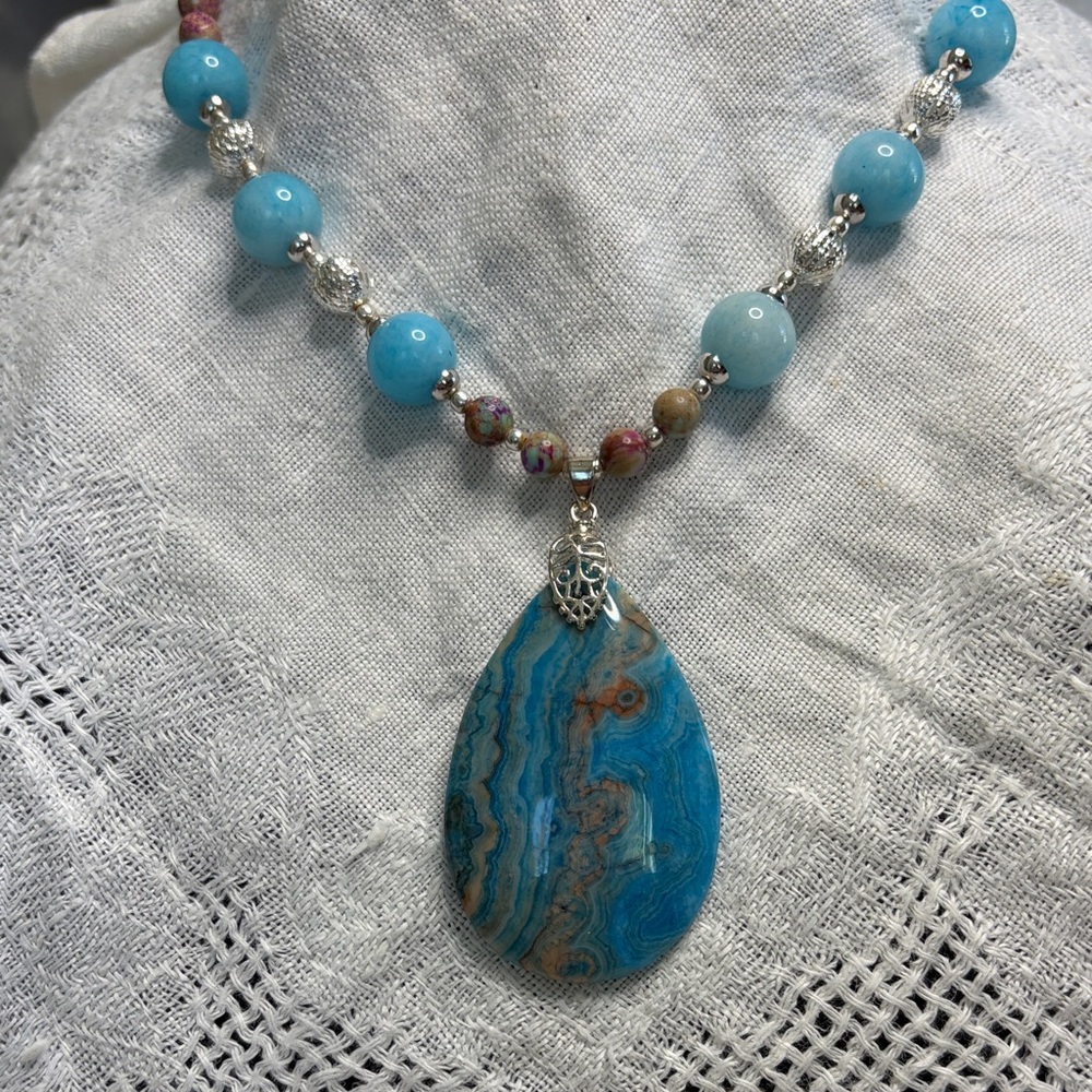 Blue Agate Teardrop Pendant Necklace & Matching Earrings